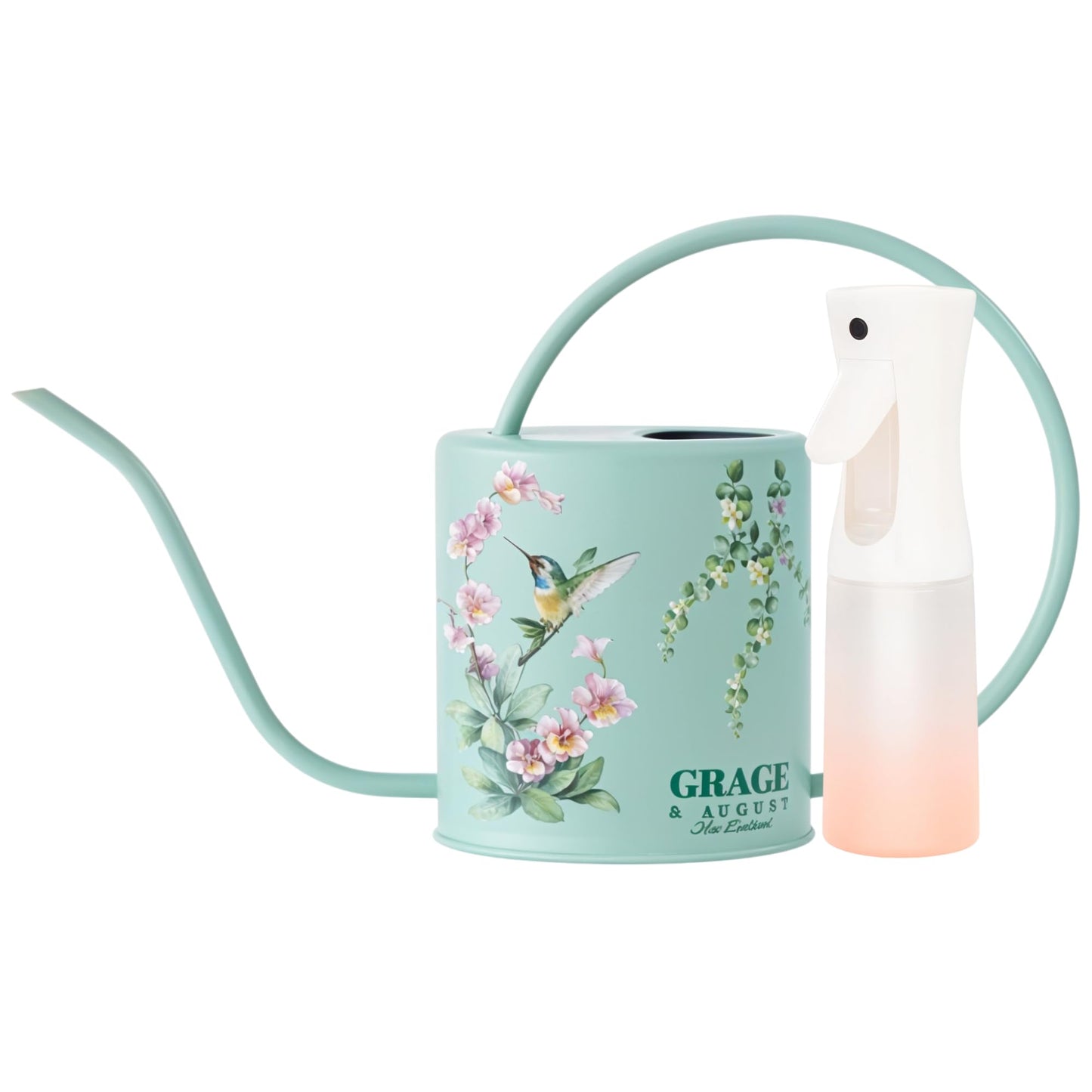 Watering Can for Indoor House Plants & Spray Water Mist Bottle - Cute Decorative Metal Gardening Small Water Can for Houseplants & Flowers with Long Spout - 1.5L 51floz 0.4 Gallon (Hummingbird Sage)
