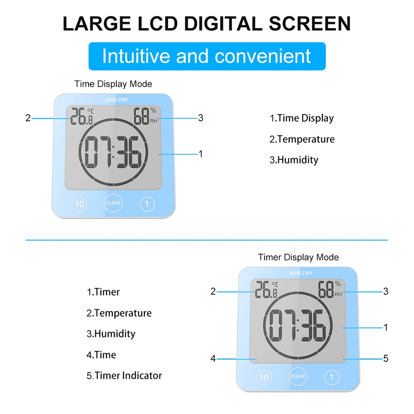 Digital Bathroom Shower Wall Clock Timer, LCD Digital Wall Clock with Suction Waterproof Temperature Humidity Gauge, Touch Screen Timer, Large Countdown Visual Timer Hanging Wall Clock