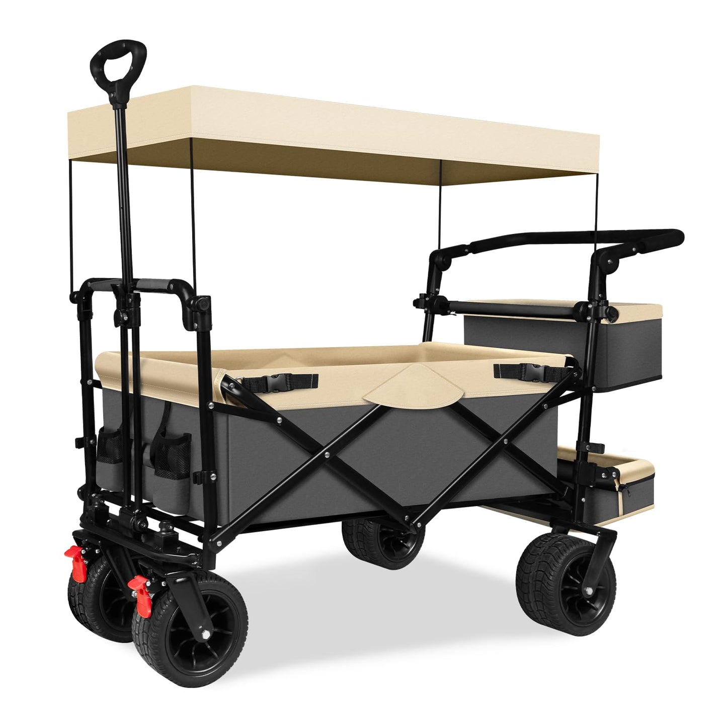 TAIFA Collapsible Foldable Wagon Cart with Removable Canopy, Push Pull Utility Beach Wagon with Big Wheels and Brakes for Sand Shopping Camping Outdoors, Beige1