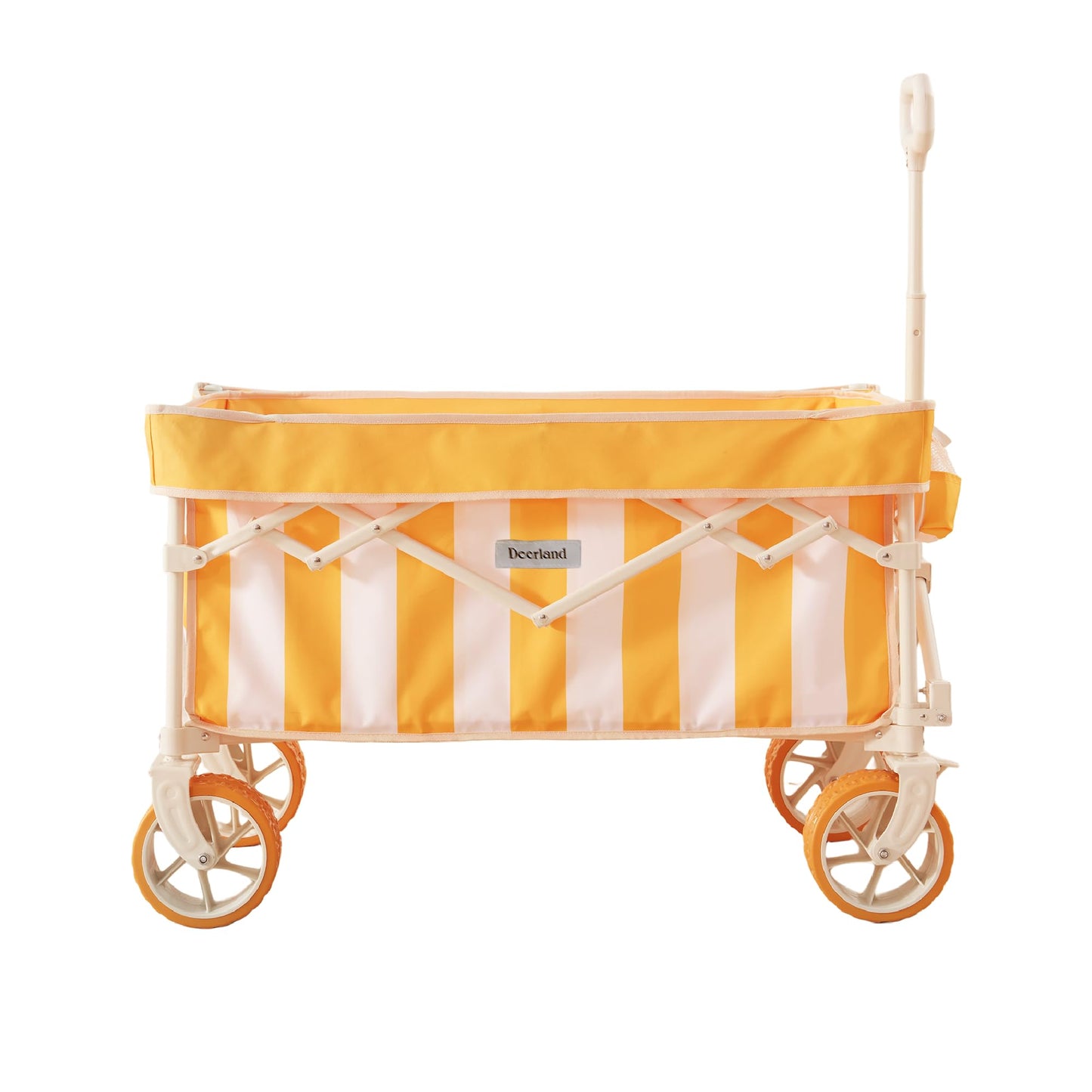 DEER LAND Beach Wagon for Sand with 6.7" Fat Tires, Foldable Beach Cart for Beach & Camping, Large Capacity Easy-Pull Wagon, Cala Serena Ochre Stripe