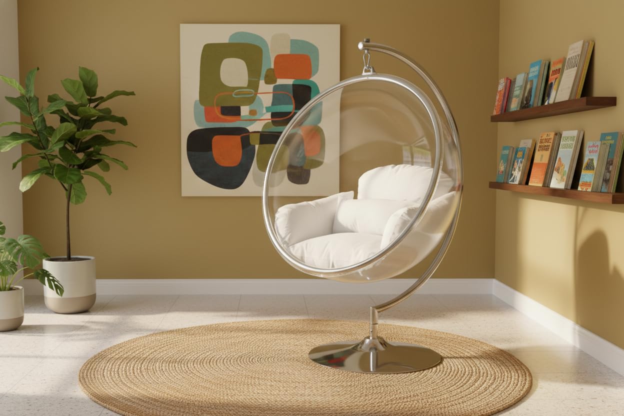 Meridian Furniture 507White Luna Collection Modern | Contemporary Clear Acrylic Accent Swing Chair with Durable Metal Base and Fabric Seat, White, Chrome Finish, 41.5" W x 29.5" D x 64" H