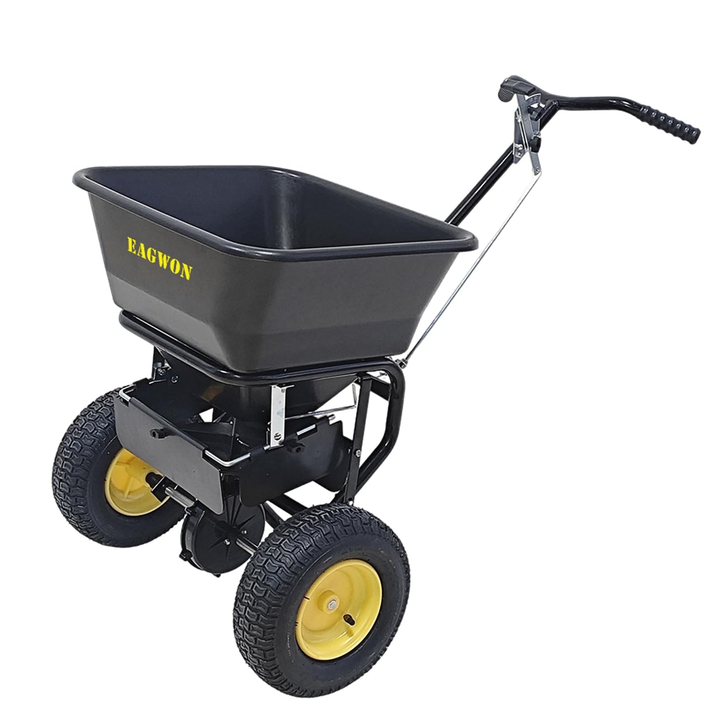 EAGWON Salt Spreader, Walk-Behind Push Broadcast Spreader - Commercial All Season, 100lb Capacity, 13in All-Terrain Pneumatic Tires, Grate/Cover/Enclosed Gearbox, for Seed/Fertilizer/Salt/Snow Melt