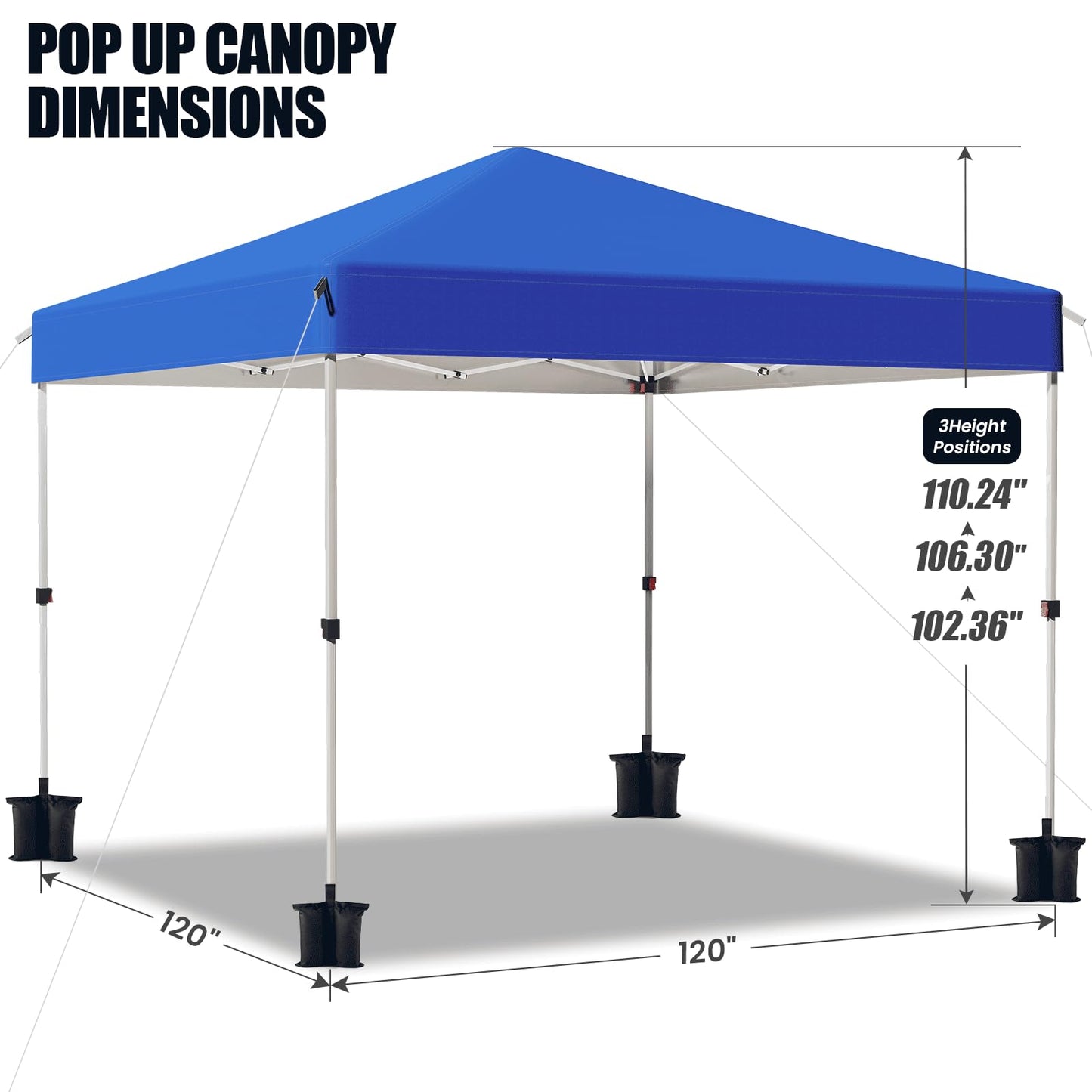 10x10 Pop Up Canopy Tent,Outdoor Canopy with One Push Setup,Easy Up Canopy with 3 Adjustable Height,4 Sandbags, UPF 50+ Event Shelter Tents for Parties,Camping,Market,Patio(Blue)