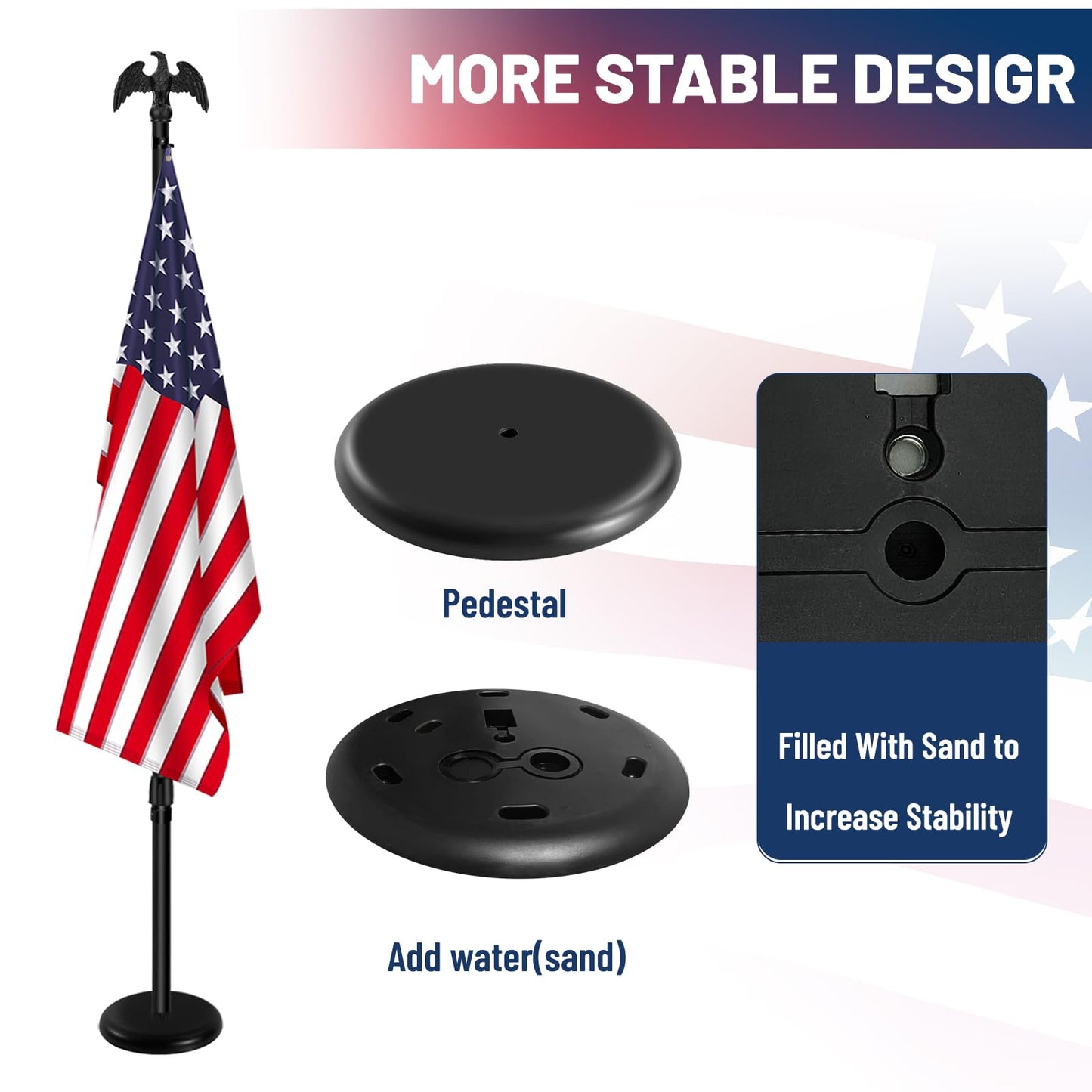 Indoor Flag Pole Kit with Base 6FT-8FT,Aluminum Commercial Indoor Flagpole & 360° Rotating Anti Wrap Ring,Adjustable Heavy Duty Flag Pole Kit for Office School with Black Eagle Topper (1Pack)