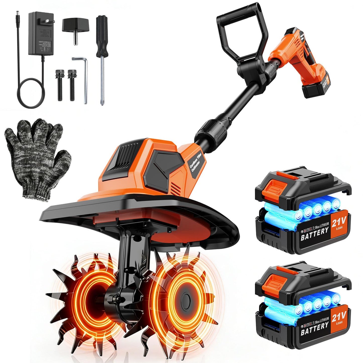 400RPM Brushless Cordlees Tiller Cultivator for Gardening, 20V Electric Garden Tiller Battery Powered((2*3.0Ah Battery&Charger), 9.5"Width 7"Depth, Garden Rototiller for Yard/Lawn/Soil Tiller (Orange)