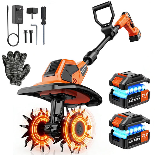 400RPM Brushless Cordlees Tiller Cultivator for Gardening, 20V Electric Garden Tiller Battery Powered((2*3.0Ah Battery&Charger), 9.5"Width 7"Depth, Garden Rototiller for Yard/Lawn/Soil Tiller (Orange)