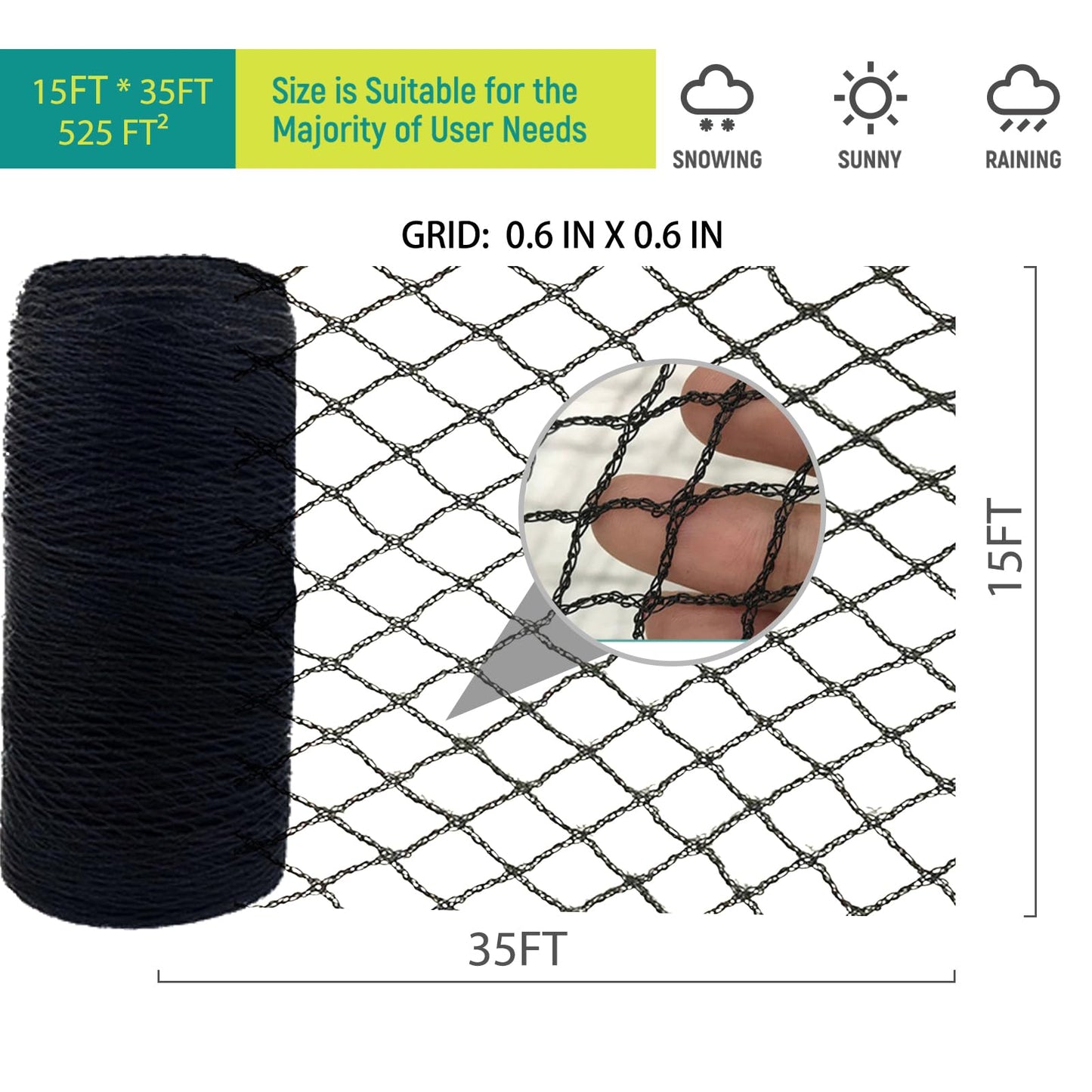KEEPAA Heavy Duty Bird Netting - 0.6” Mesh UV Resistant Reusable Garden Net Easy Install Pest Barrier for Garden Beds Fruit Bushes Tomato Plants Patio Balcony Garden (15FT*35FT)