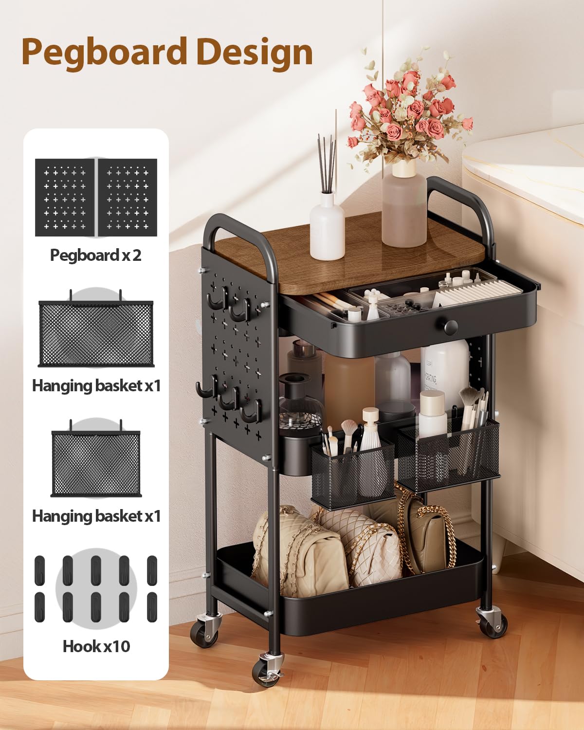 ALVOROG Rolling Cart with Drawer and Wood Table Top, 3 Tier Metal Rolling Utility Cart on Wheels with DIY Pegboards, Hanging Baskets, Hooks for Bedroom,Office,Craft Supplies (Black)