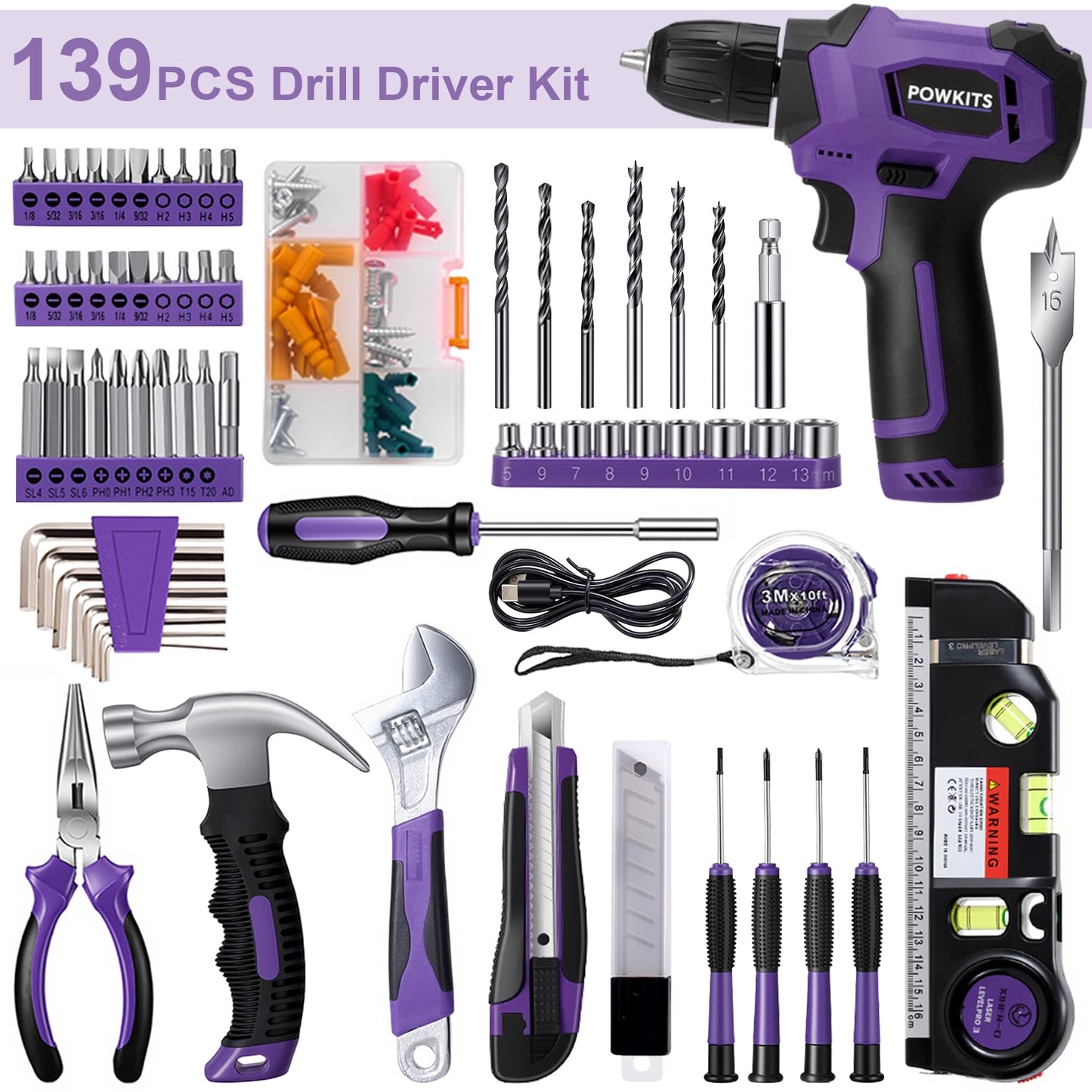 8V Cordless Drill Set, Built-in LED, Rechargeable Purple Power Drill with Drill & Screw Bits, 139-Piece Tool Set for Women & Men, Portable Tool Kit for Home Repairs, DIY Projects