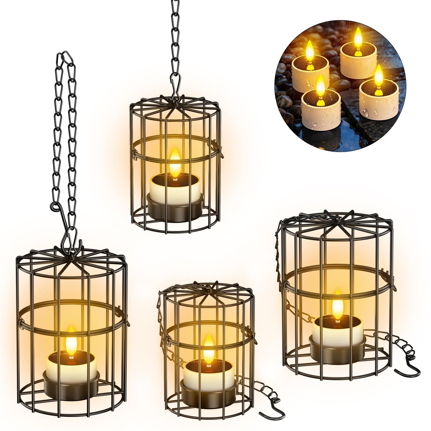 Yme Solar Hanging Lanterns Outdoor Waterproof, 2 Large 2 Small Hanging Candle Holders - 4PCS Flickering Flameless LED Solar Tea Lights, Outdoor Decor for Patio Garden Backyard Tree Fence Pergola