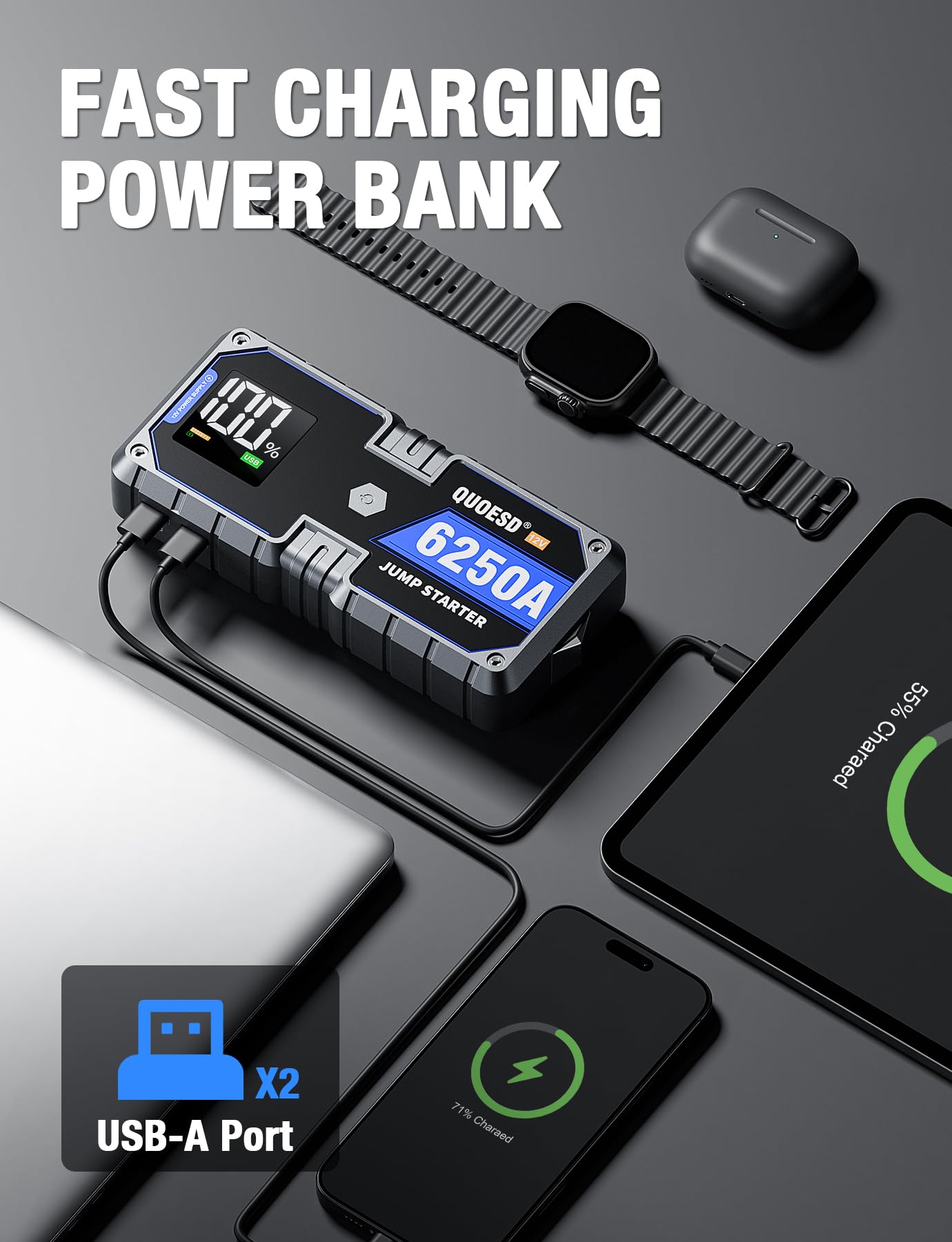 6250A Jump Starter Battery Jump Starter Battery Pack (for All Gas or 9.0+L Diesel), 2 USB Port, 12V Potable Car Jump Start with 3.2″ HD Display 48-Months Stand-by Time