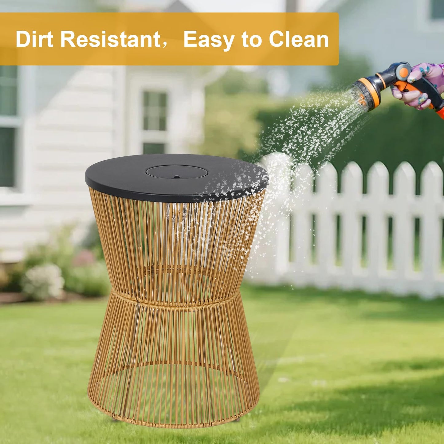 HMVPL Solar Outdoor Side Table with Dimmable Light, Patio Side Tables for Outside, Round Outdoor End Tables Set of 2, Plastic Rattan Patio End Accent Table for Poolside Backyard Gazebo, Dusk to Dawn