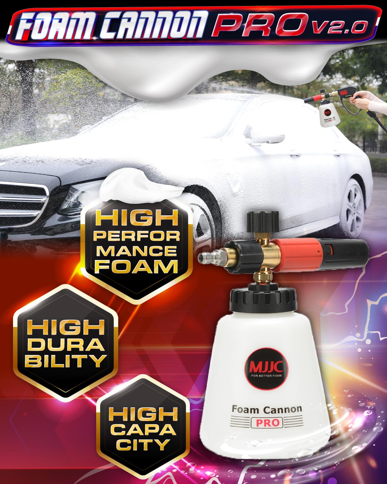 MJJC Foam Cannon Pro V2.0 (Thicker Snow Foam Technology) with 1/4 Inch Quick Connector for Pressure Washer, 40 oz Bottle (Pro V2.0 (1/4" Quick Connector) + SOAP Sample)