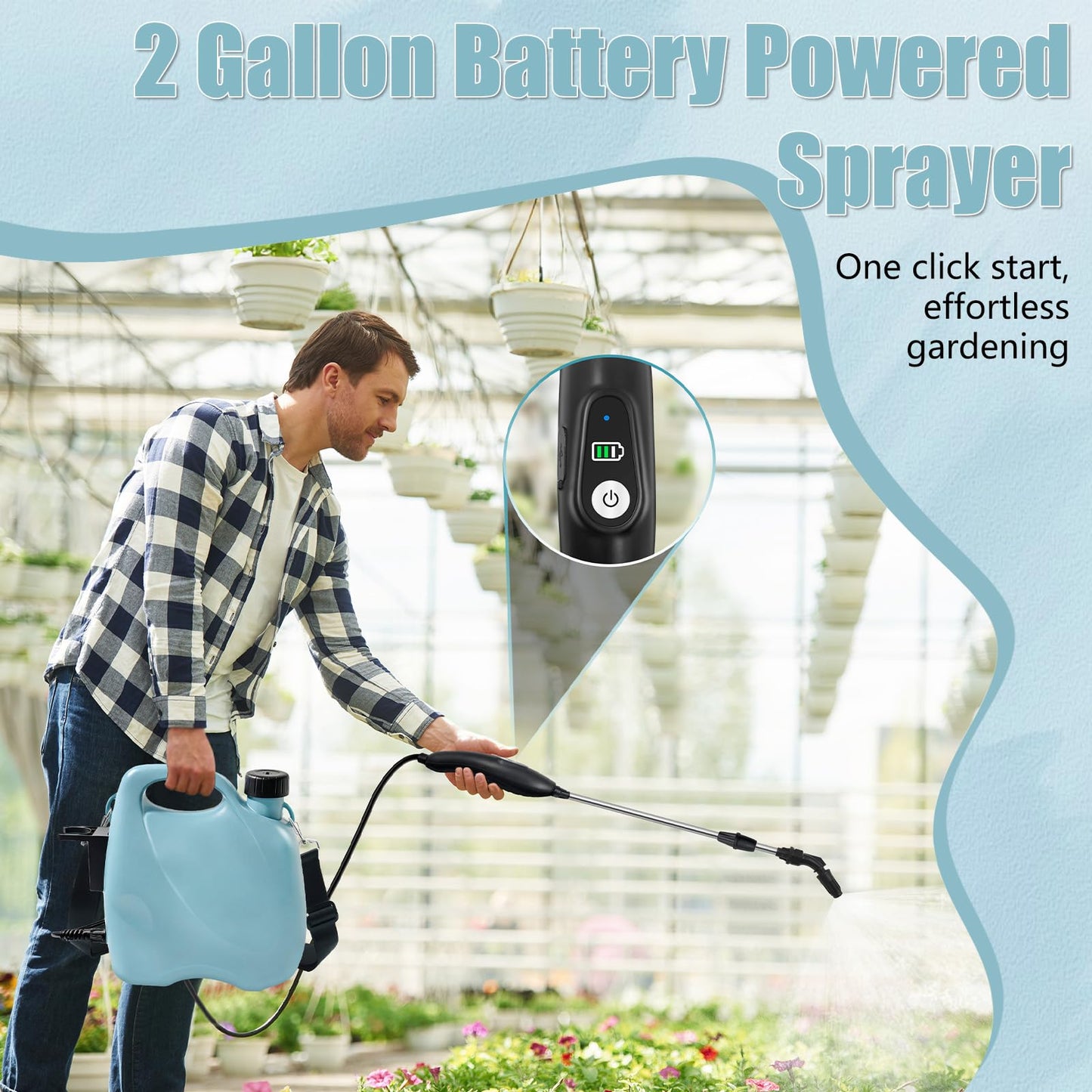 Battery Powered Sprayer 2 Gallon, Electric Garden Sprayer in Lawn with 3 Mist Nozzles, USB Rechargeable Handle, Retractable Wand, Yard Pump Sprayers with Adjustable Shoulder Strap for Plants