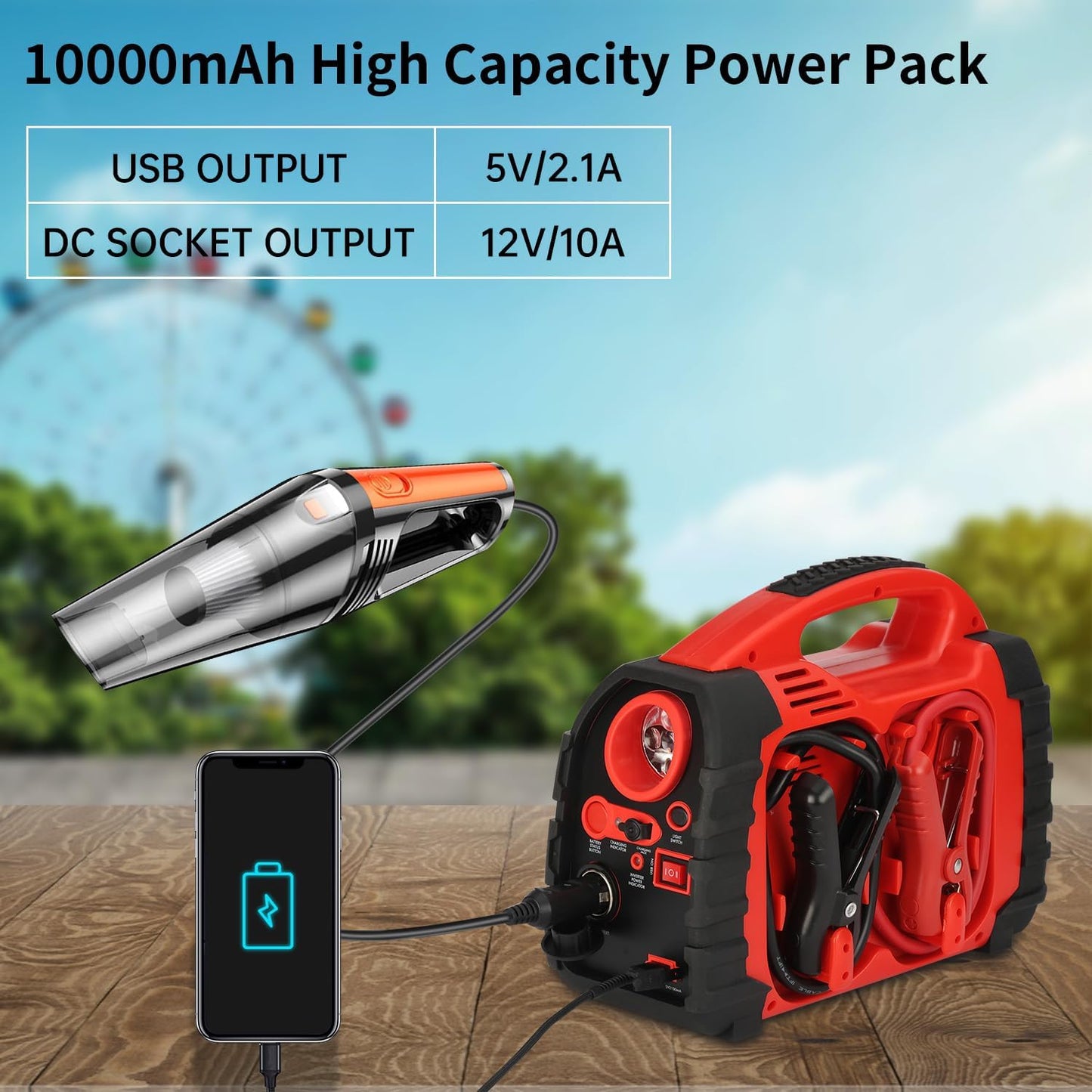Jump Starter, acetek 1000Amp 12V Lead-Acid Battery Jump Starter with 260 PSI Air Compressor, Jump Box for Up to 5.0L Gas & 5.0L Diesel Engines, Portable Power Station with LED Light