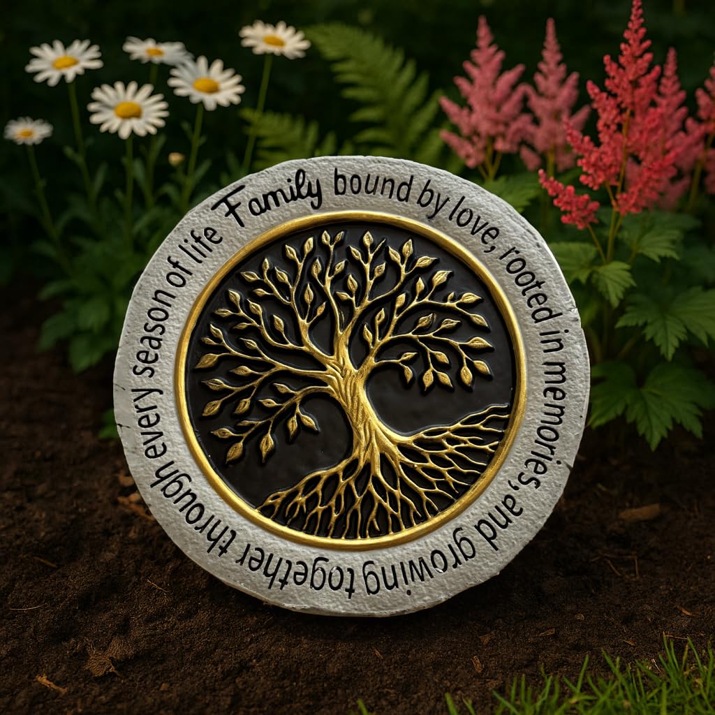 VEOJEIN Family Tree Garden Stepping Stone, 9.45 Inch Round, Gold Tree of Life Design, Weather-Resistant Outdoor Decor