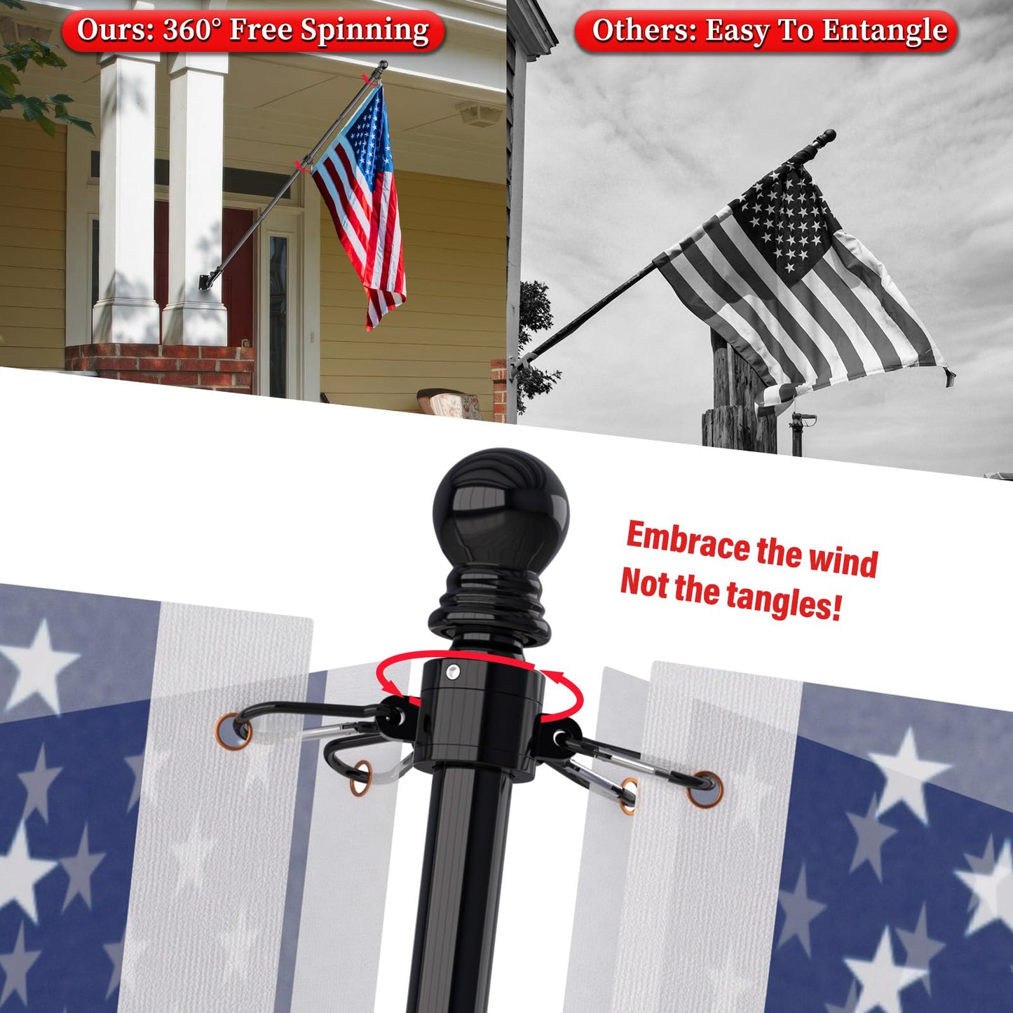 ZMTECH 6FT Flag Pole Kit with Solar Light – Outdoor Stainless Steel Pole Set for House Yard, Includes 180° Adjustable Flag Holder & Mounting Base, Tangle-Free Design, Black (Flag Not Included)