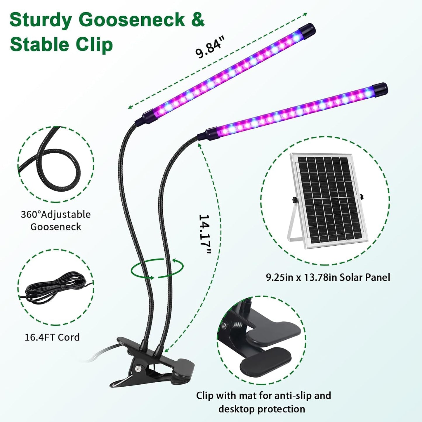 Teilybao Solar-Powered Grow Lamp with Battery, 2-Head 40 LED Full Spectrum Clip Light, 16.4FT Cable, USB Charging, Timer & Dimmable Settings for All Growth Stages