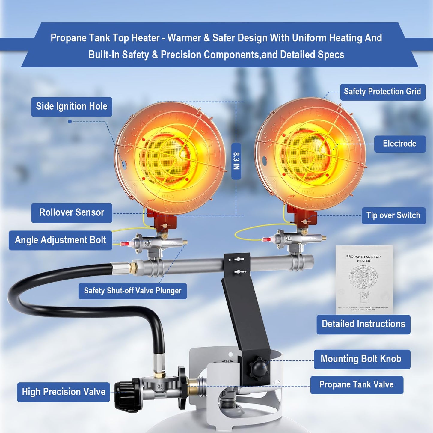 30000 BTU Propane Heater Outdoor, Propane Tank Heater Attachment Double Tank Top Radiant Gas Heater With Tip-Over Protection, 3 Heat Settings, Safety Shut-Off Valve for Patio,Camp,Fish,Garage.