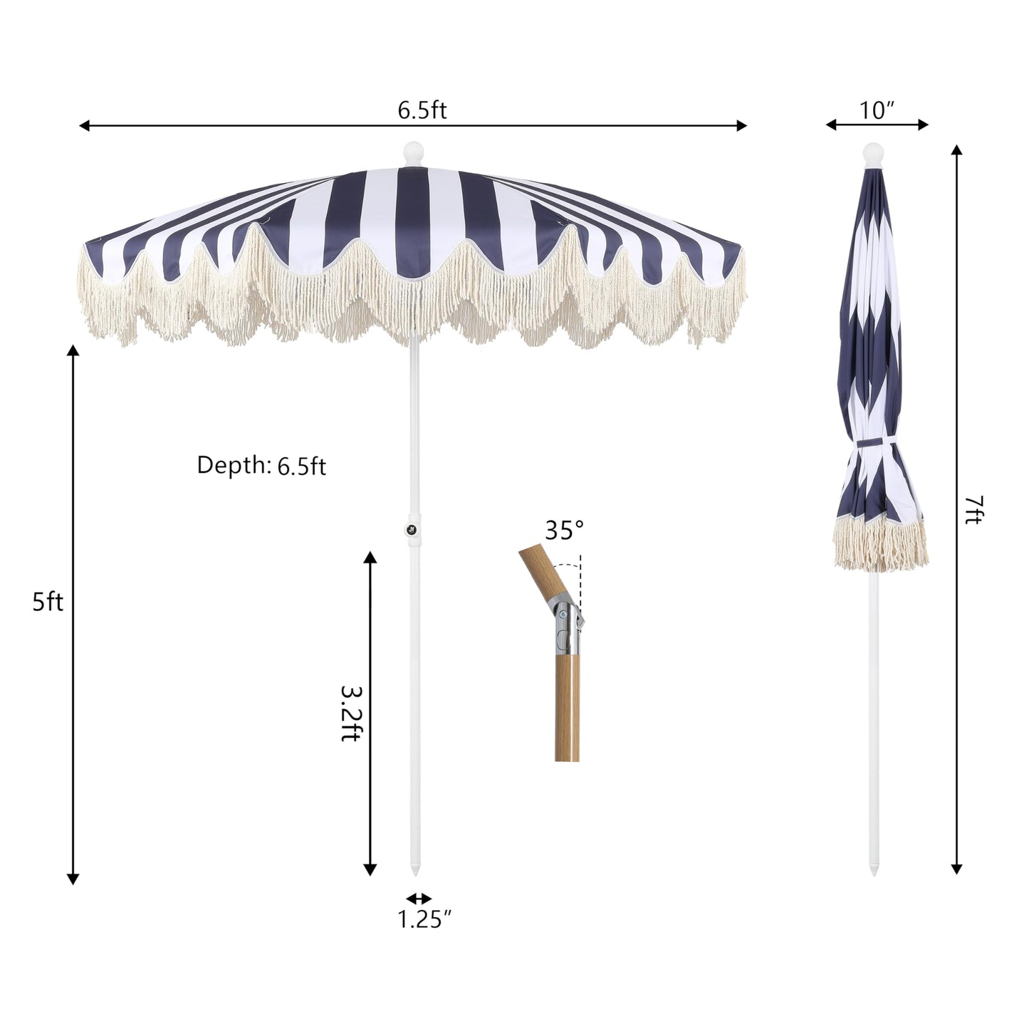 JONATHAN Y UMB1003N Mariner 6.5 ft. Cottage Fringe Tassel Market Beach Umbrella with Push Button Tilt, Wind Vent and UV Protection, and Matching Carry Bag in Navy and White Stripe/Cream, White Pole