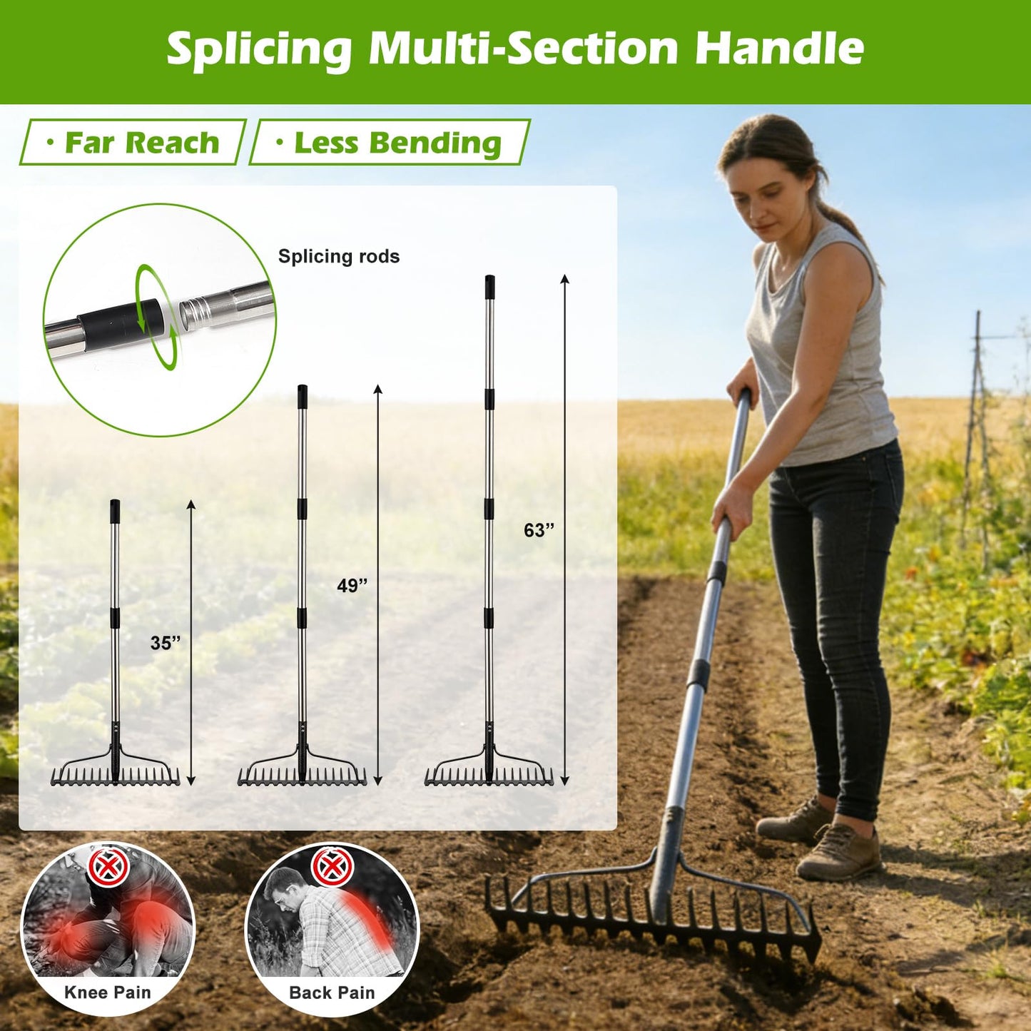 63" Bow Rake,Heavy Duty Metal Garden Rake for Moving Gravel Loosening Soil Leveling Ground Gathering Leaf Debris Spreading Mulch, 17 Tines,Adjustable Handle, for Lawn Garden Farm Landscape Work