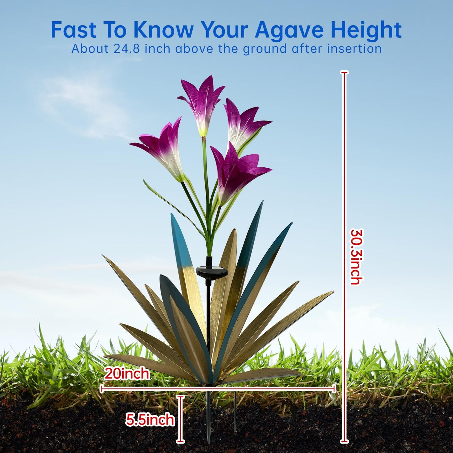 Homight Solar Metal Agave Lily Flower Garden Sculpture with LED Lights 30.3 Inch Waterproof Outdoor/Indoor Yard Decor Handmade Lawn Ornament Gift for Family Friends (2, Blue)