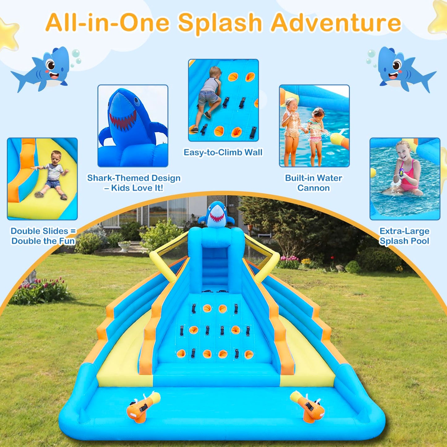 Inflatable Water Slide, 13FT Shark-Themed Large Bounce House with Dual Slides, Climbing Wall, Deep Pool, Water Cannon, 680W Blower, Storage Bag, Backyard Blow Up Water Park for Kids Aged 3–10