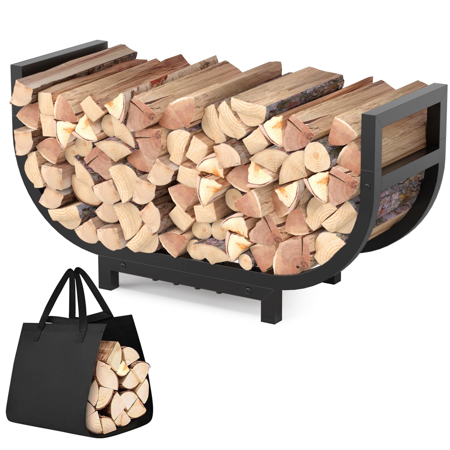 HXJLJY 30-inch Firewood Rack Outdoor Indoor with Log Carrier Bag, Stable Log Holder Rustproof Metal Wood Rack for Fireplace Patio Deck Firepit, Heavy Duty Firewood Storage Organizer Tool, Black