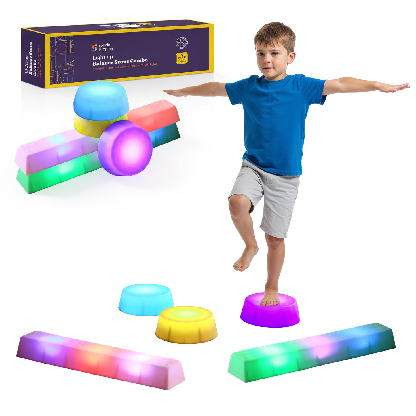 Special Supplies LED Stepping Stones for Kids -Light-Up Balance Blocks- Coordination & Balance for Toddlers & Children- Durable Non-Slip Rubber, Safe Indoor & Outdoor Play (2 Beams + 3 Circles)