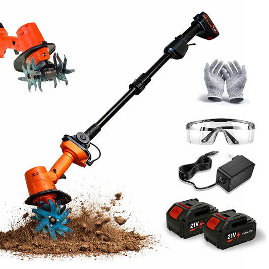 21V Cordless Mini Tiller Cultivator, Hand Tiller for Gardening, 235RPM Rotary Cultivator with Dual Batteries and Charger, Compact Soil Tilling Tool for Lawn and Garden Beds (with Pole)