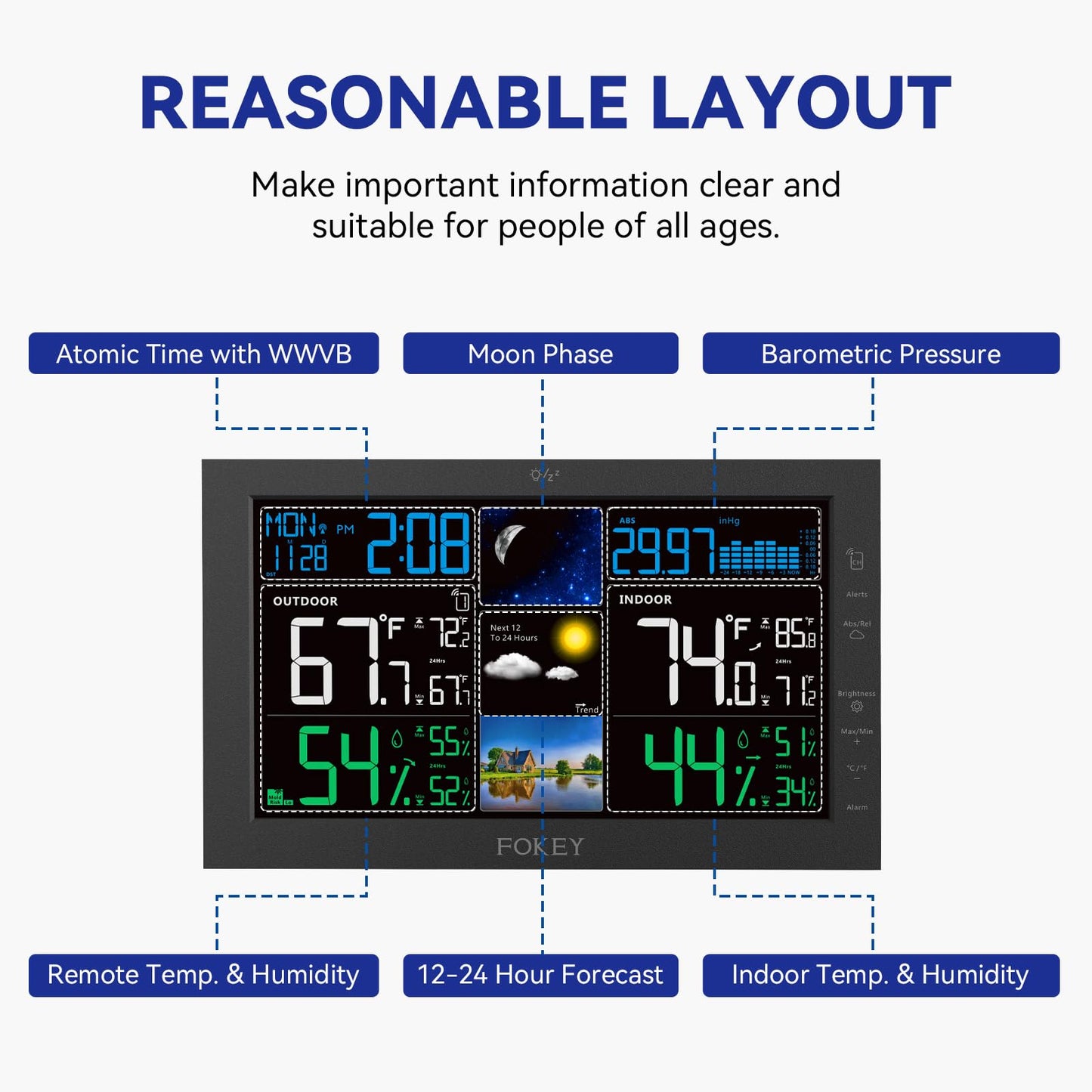 FOKEY Weather Station Wireless Indoor Outdoor, Indoor Outdoor Thermometer Wireless, Home Atomic Clock Weather Stations, Temperature Humidity Barometer Inside Outside Thermometers, Black with 1 Sensor