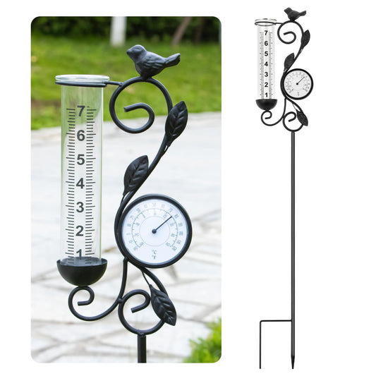 32" Garden Rain Gauge with Thermometer - 7" Glass Tube for Outdoor Indoor Use, Patio Yard Decor Statue