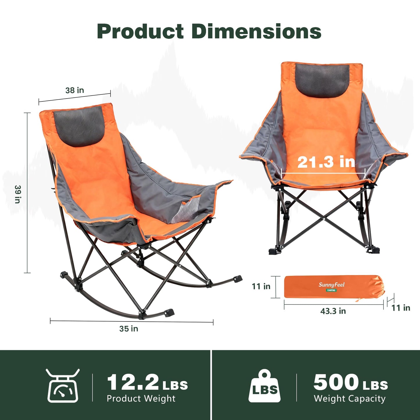 SUNNYFEEL Oversized Rocking Camping Chair, Fully Padded Patio Chair with Side Pocket, High Back Portable Lawn Recliner with Headrest, Outdoor Camp Rocker Chairs for Adults Heavy Duty 500 LBS Carry Bag