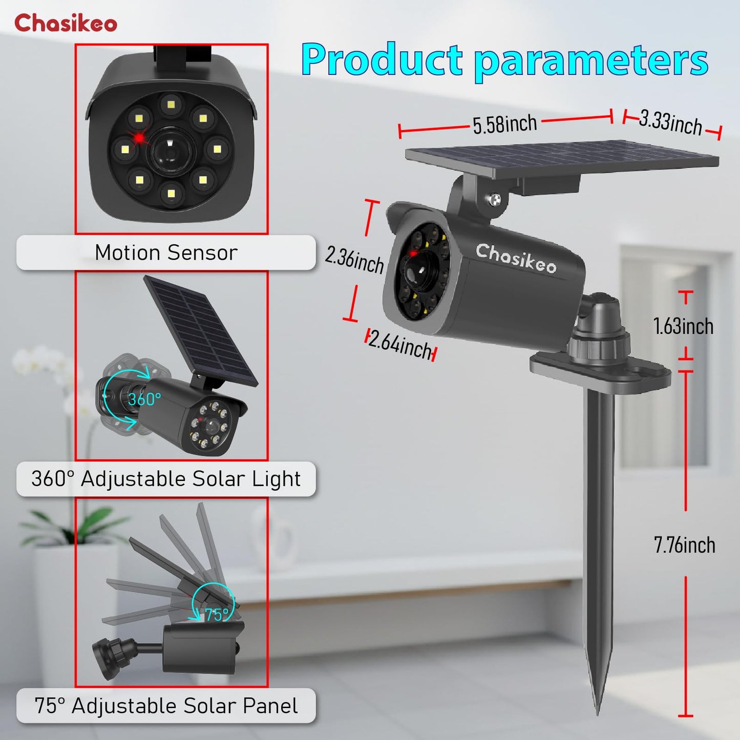 Chasikeo Solar Motion Light Outdoor, Solar Spotlight with Motion Sensor, IP67 Waterproof Solar Power Security Light, 360° Rotatable for Garden, Yard, Pathway, Fence, Driveway, 1200LM(1 Pack)