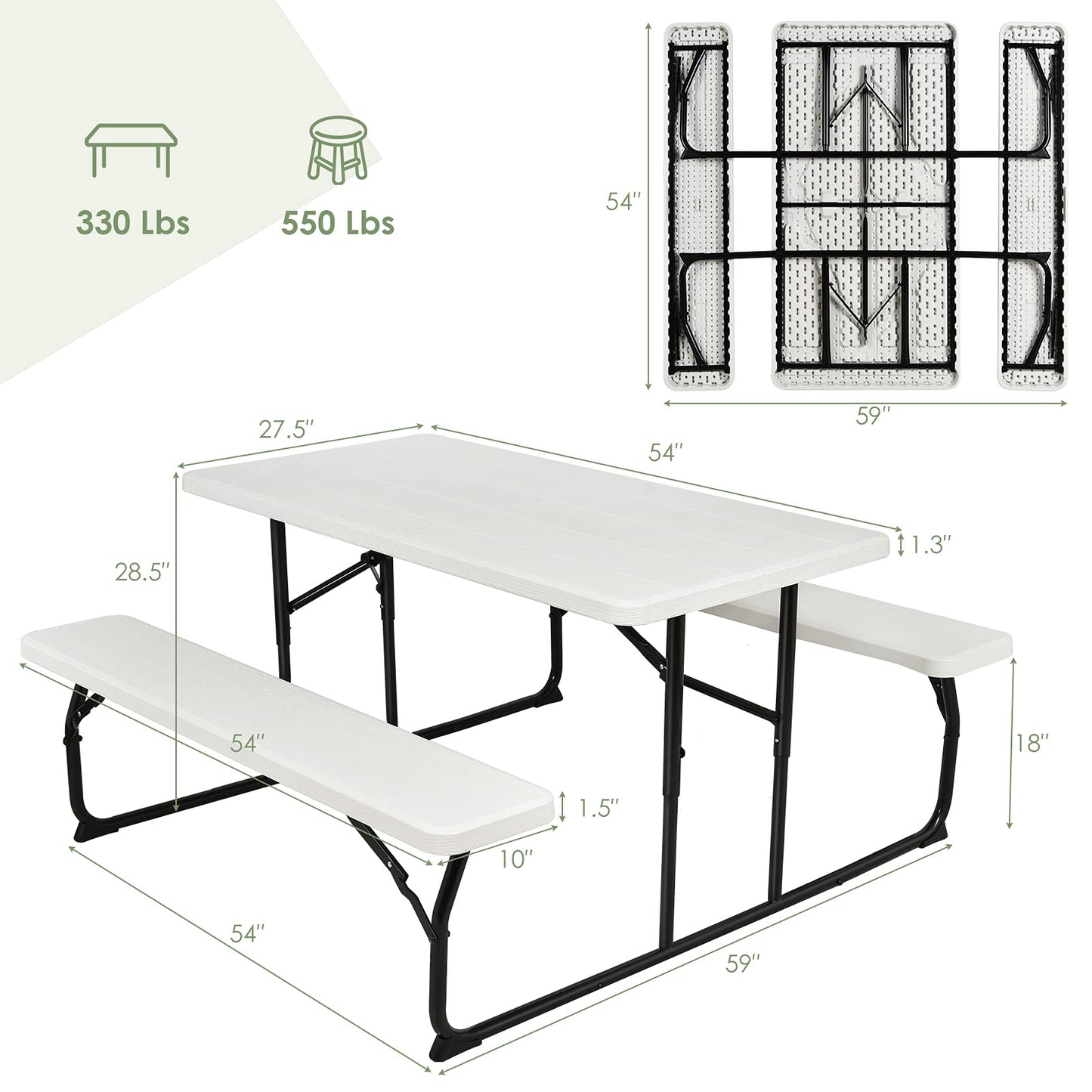 renatone Folding Picnic Table and Bench Set w/Wood Grain for Adults, Indoor & Outdoor Steel Frame Collapsible Camping Table for BBQ, Parties, Camping and Picnic (White)