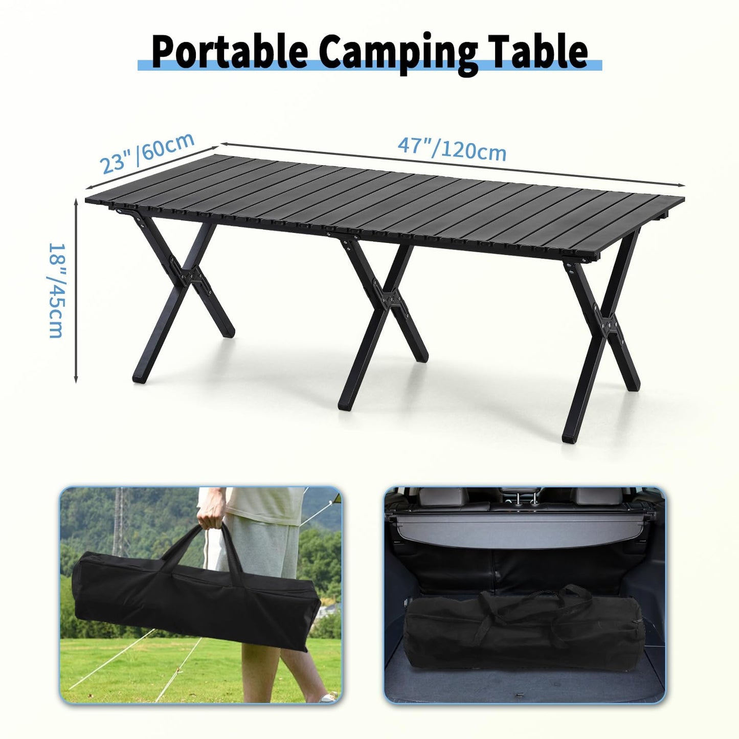 4Ft Aluminum Folding Camping Table, Portable Picnic Table, Outdoor Lightweight Collapsible Camp Table, Roll-up Camping Table for Beach,Party, Patio, BBQ, Travel, Backyard (Black Upgraded Version)