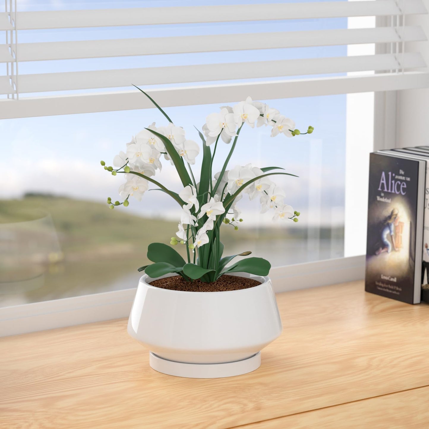 XiHuaer 8.3 Inch Ceramic Planter with Drainage Hole and Saucer, Indoor Outdoor Plant Pot for Plants, White