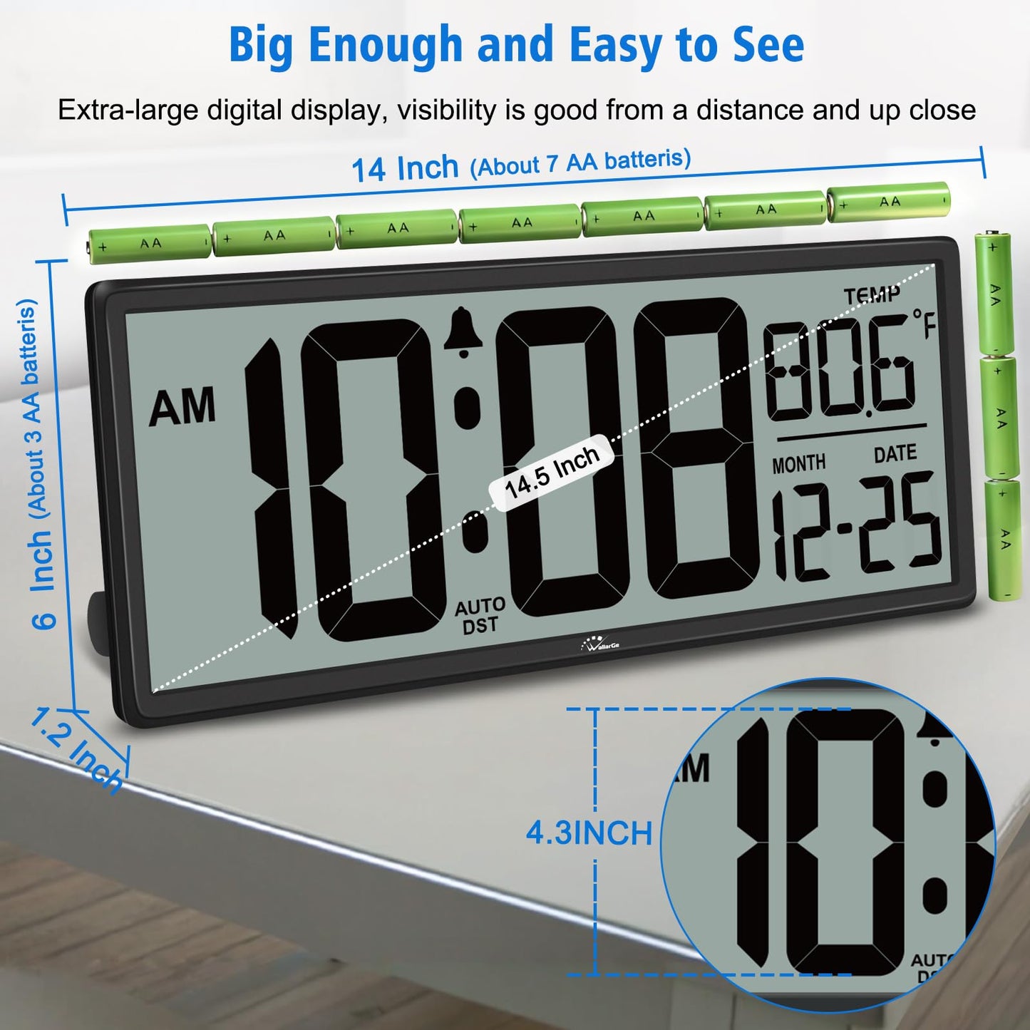 WallarGe Backlight Digital Wall Clock Battery Operated - with Temperature and Date 14.5'' Large Digital Wall Clock, Easy to Read and Set, Auto DST