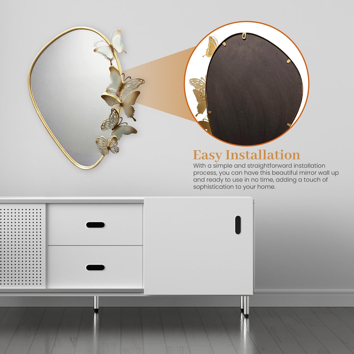Decorative Wall Mirror with Butterfly Design, Gold Frame, Irregular Shape Perfect for Living Room, entryways, Bathroom, Home Decor