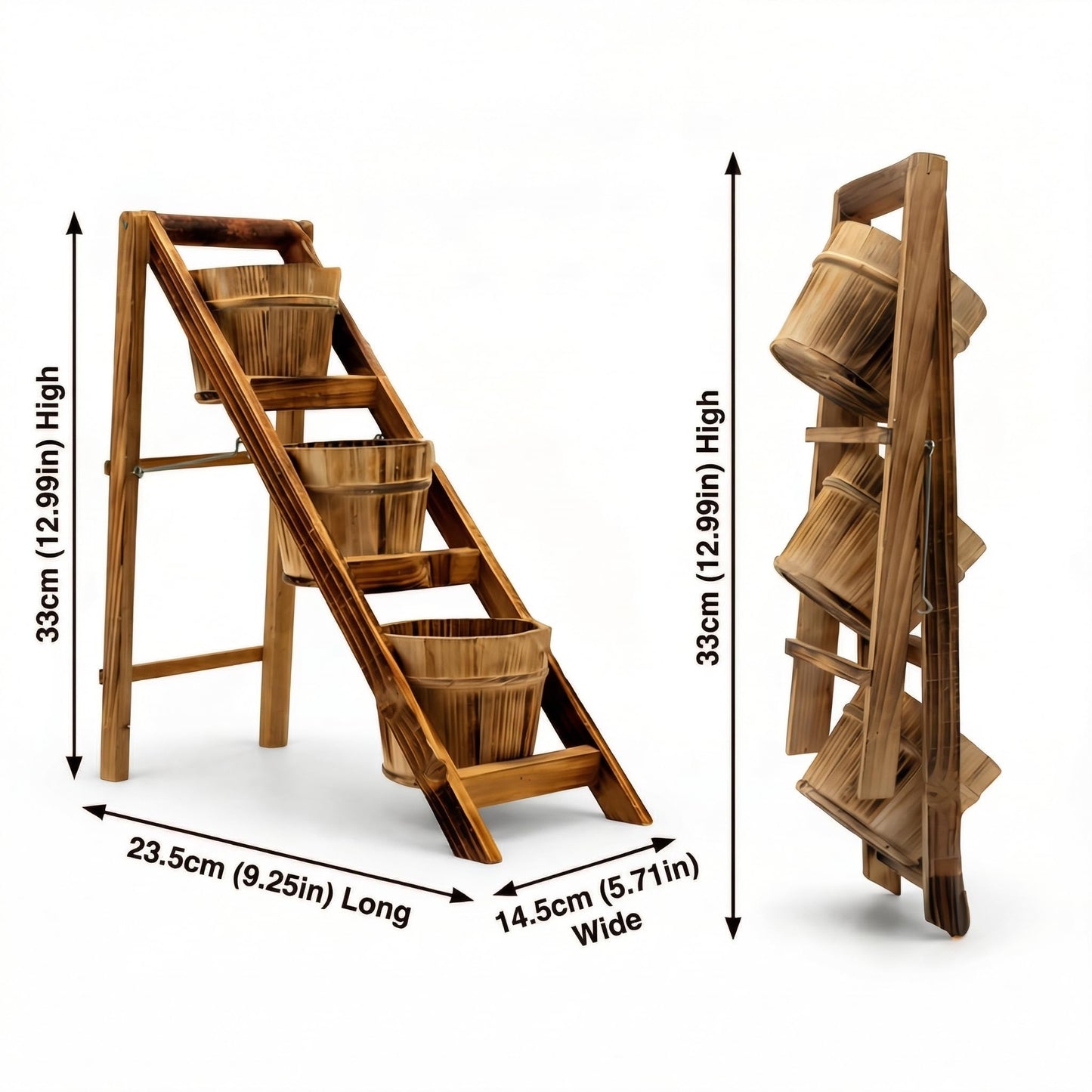HORTICAN Rustic Foldable 3-Tier Wooden Planter - Space-Saving Vertical Plant Stand for Indoor/Outdoor (Patio, Balcony, Living Room)