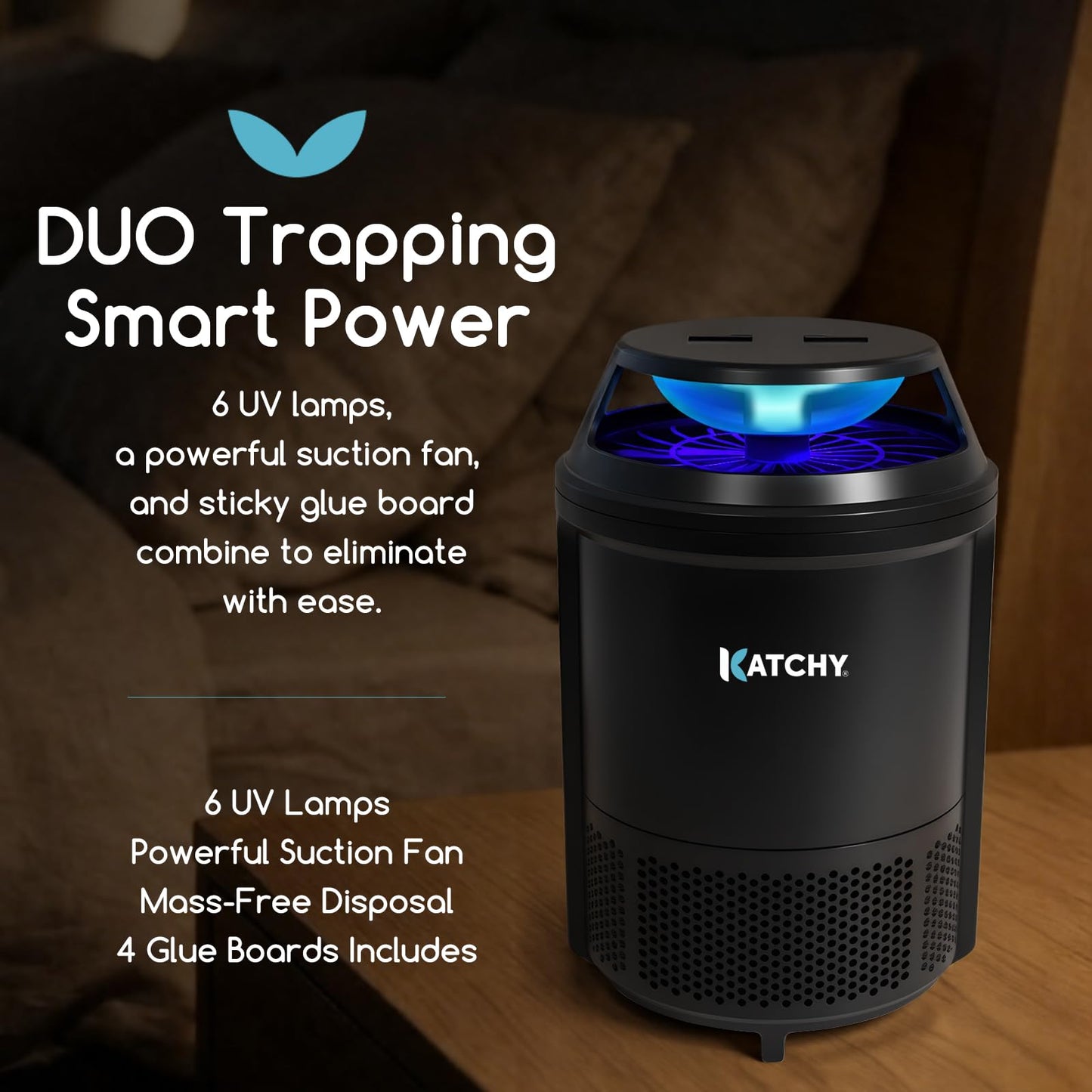 Katchy Indoor Flying Insect Trap – Catcher & Killer for Mosquitoes, Fruit Flies, Gnats & Moths – Non-Zapper with Suction & Blue Light – Ideal for Indoor Spaces, Kitchens & Plants (Original, Black)