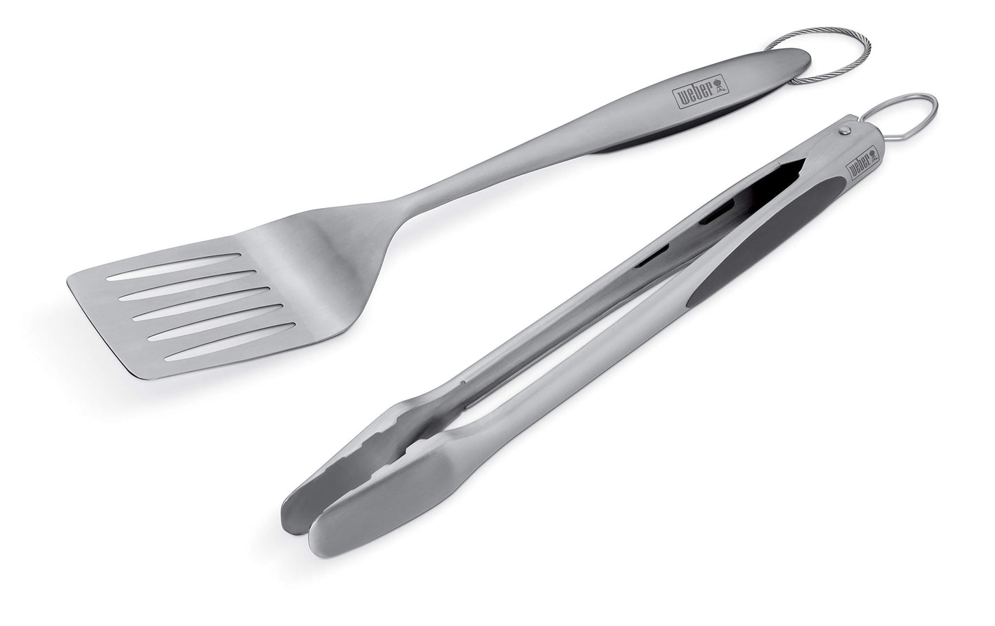 Weber Stainless Steel Style 2‑Piece Barbecue Tool Set – Spatula & Hands‑Free Locking Tongs with Textured Easy‑Grip Handles, BBQ Grilling