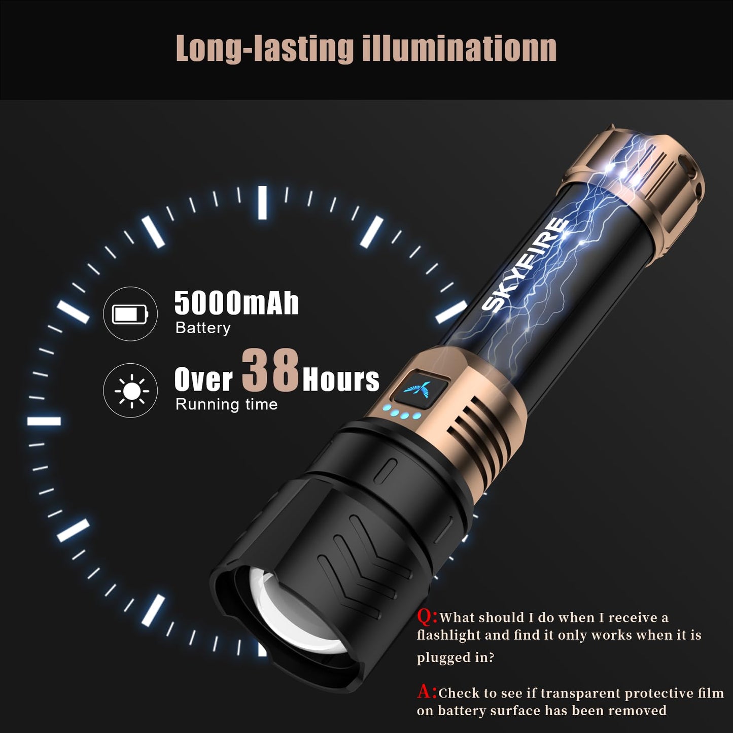 SKYFIRE LED Flashlights High Lumens with Ignition Lens,3000lm Super Bright Rechargeable Flashlight,Zoomable,4 Modes,Waterproof Tactical Flash Light for Camping Essentials,Outdoor and Home,Gift