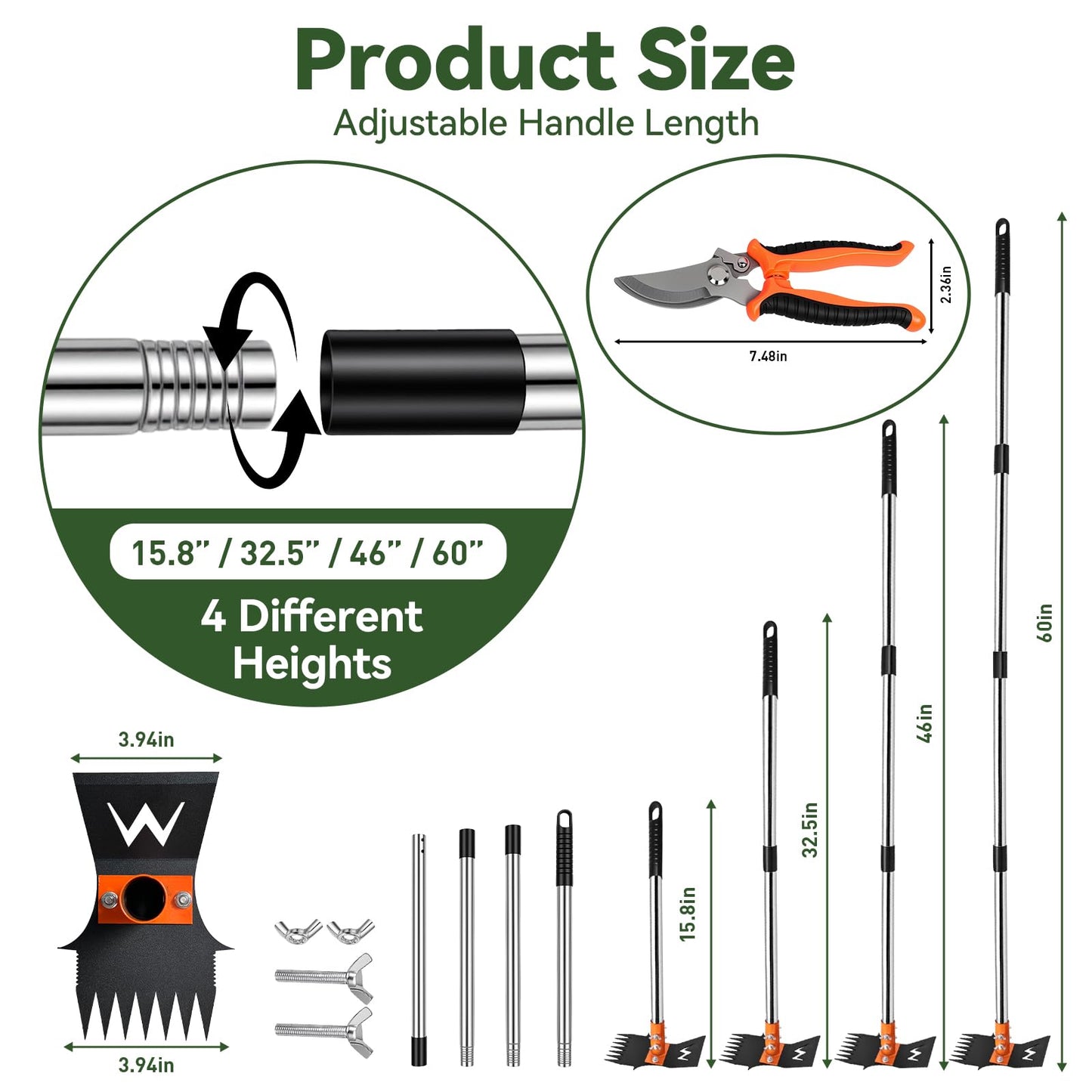 Garden Hoe & Weed Puller Tool with Long Handle, 60 Inch,Manual Weed Remover Tool, 3-in-1 Weed Rake & Grabber & Pruning Shears, Dandelion Gardenia Heavy Duty Uprooting Tool for Yard, Lawn and Garden