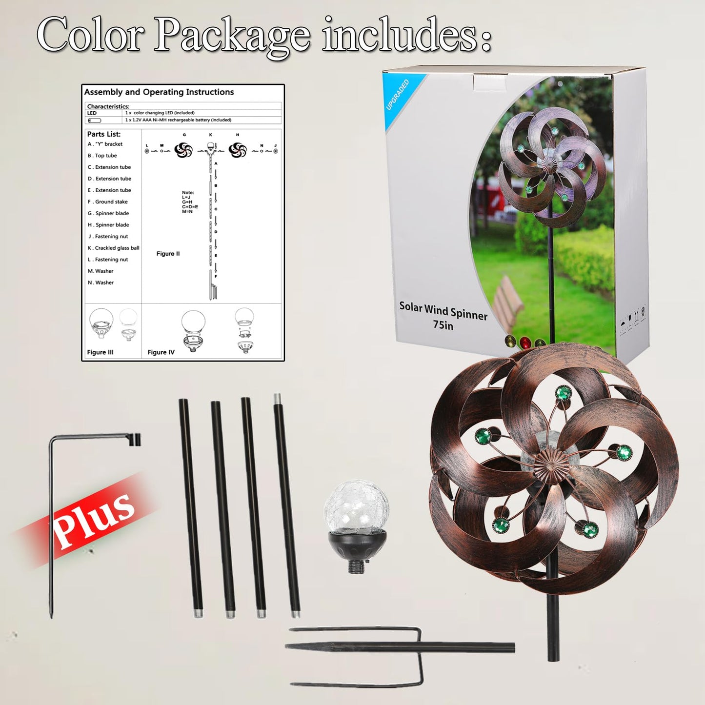 HDNICEZM Solar Wind Spinner Improved 360 Degrees Swivel Multi-Color LED Lighting Glass Ball with Kinetic Wind Spinner Vertical Metal Sculpture Stake Construction for Outdoor Yard Lawn & Garden.
