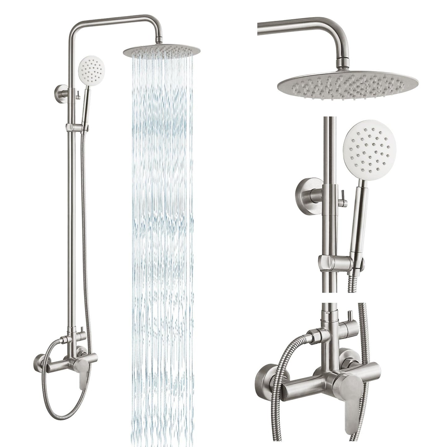 gotonovo SUS304 Outdoor Shower Fixture High Pressure Shower System Combo Wall Mount 2 Dual Function Shower Faucet Set Round Handheld Spray Brushed Nickel Single Handle