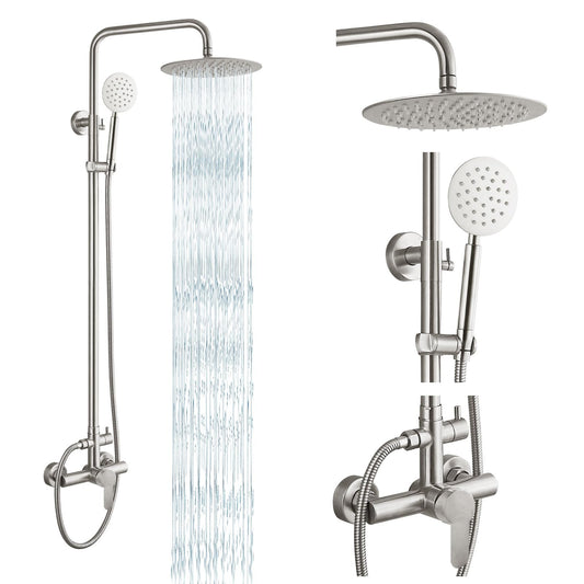 gotonovo SUS304 Outdoor Shower Fixture High Pressure Shower System Combo Wall Mount 2 Dual Function Shower Faucet Set Round Handheld Spray Brushed Nickel Single Handle