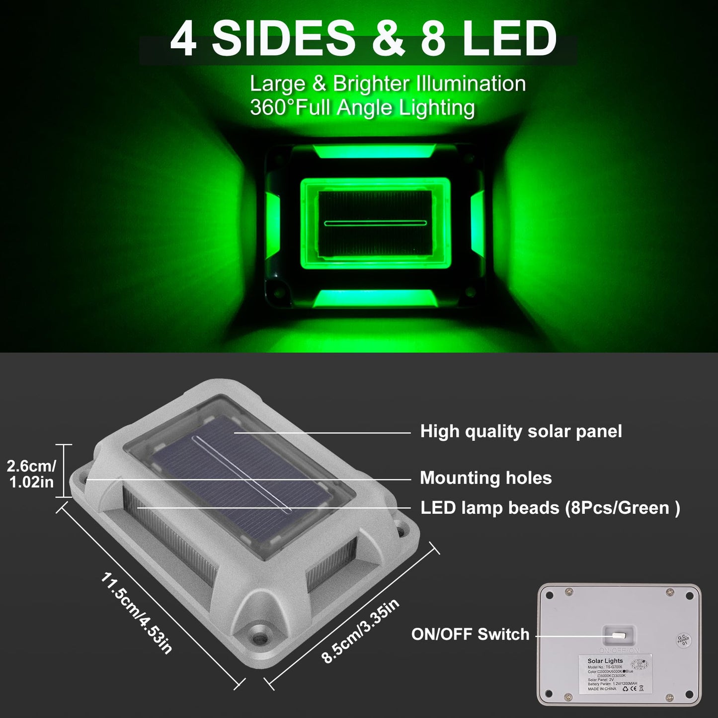 CREPOW Solar Green Deck Lights Driveway Dock Lights St. Patrick's Day Decor Light- 8 Packs Waterproof 1200mAh Outdoor LED Aluminum Dock Lighting Road Markers for Driveway Sidewalk Garden Pathway Yard