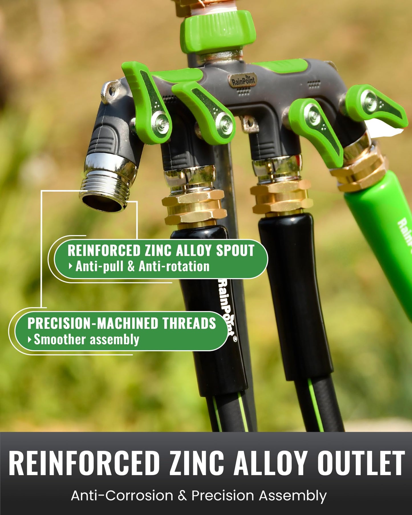 RAINPOINT 4 Way Garden Hose Splitter, 100% Metal Heavy Duty Water Hose Splitter with Individual Shut-Off Valves, 3/4" GHT High Flow Outdoor Faucet Splitter, 1.81" Extra Long Handle (Green)