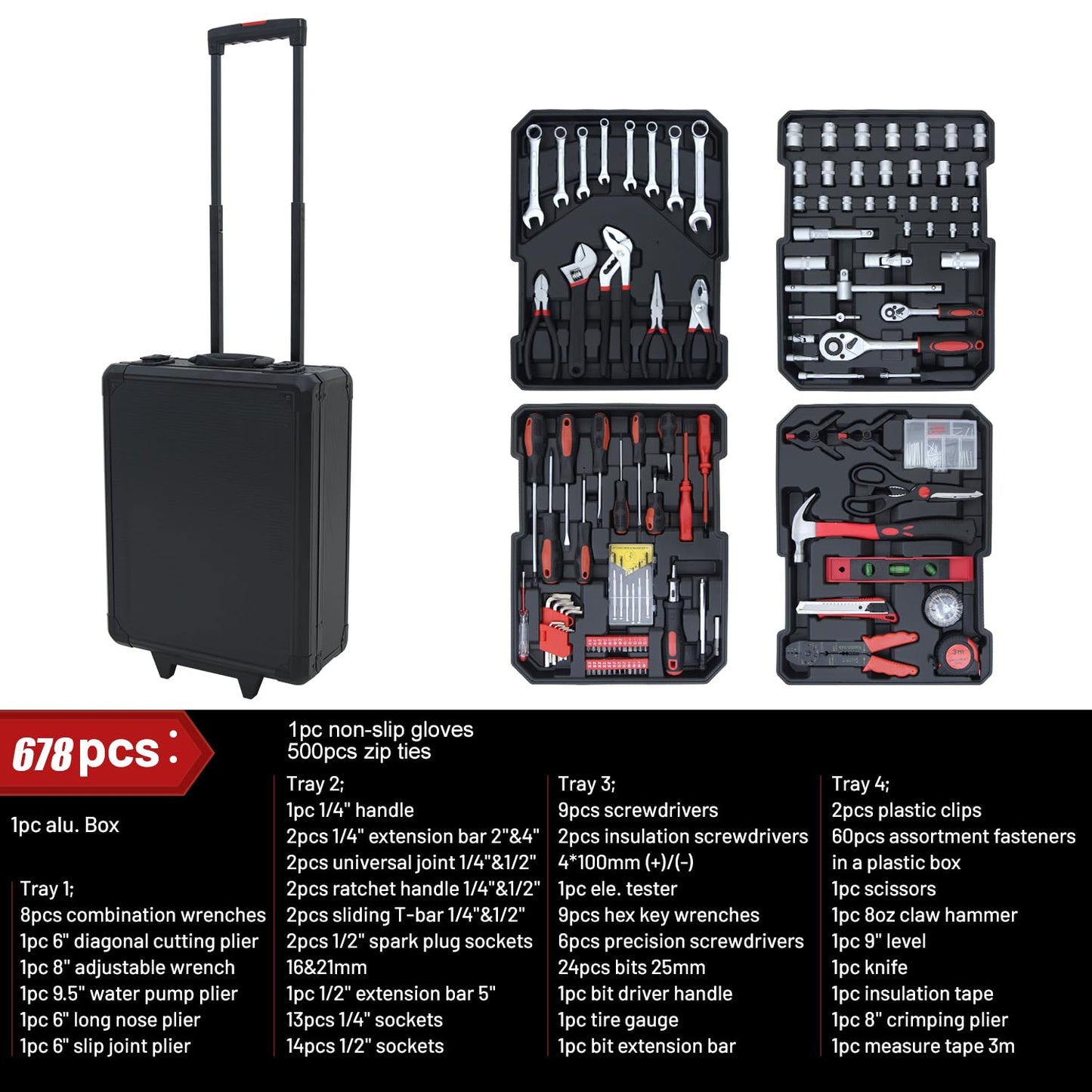 Hantinstom 678PCS Complete Home Tool Set Versatile Rolling Tool Kit for Professional Repair and Maintenance - Heavy and Duty Portable Tool Box with Wheels